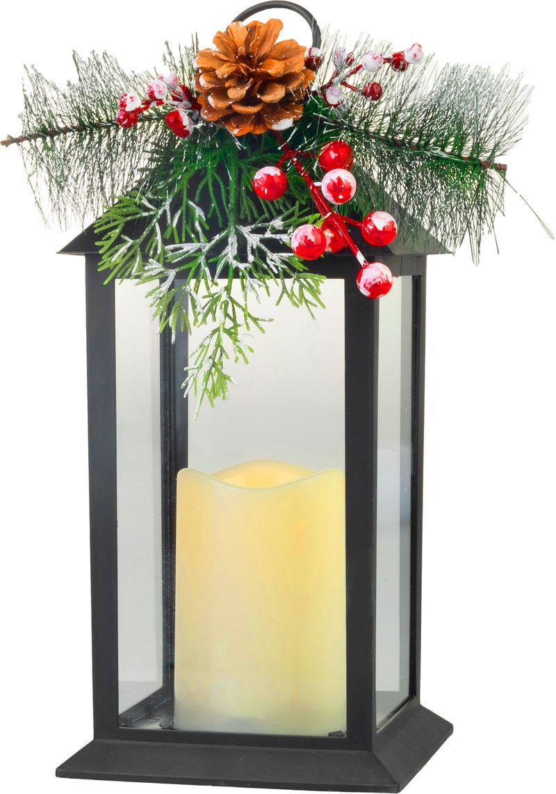 Lampáš MagicHome Vianoce, s vetvičkou, plast, čierny, 1 x LED žltá,  pohyblivý plameň